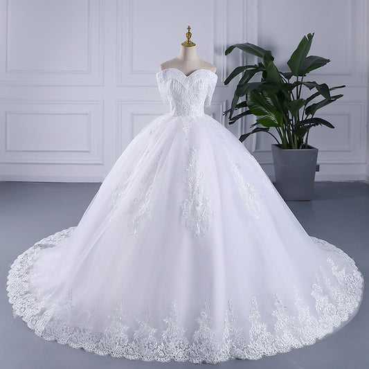 Luxury Tassel Long Train Wedding Gowns Sleeveless Lace Off The Shoulder Sweep Brush Train Lace Up Ball Gown Wedding Dresses