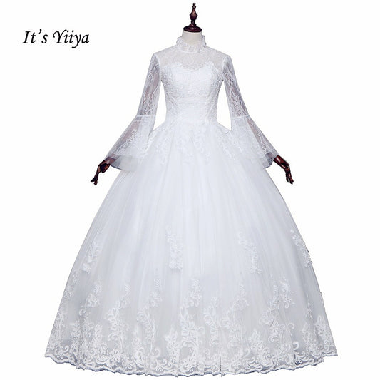 Free Shipping High neck Vestidos De Novia Off white dress Bridal Ball gowns Long sleeve Frocks Elegant Wedding dresses IY030