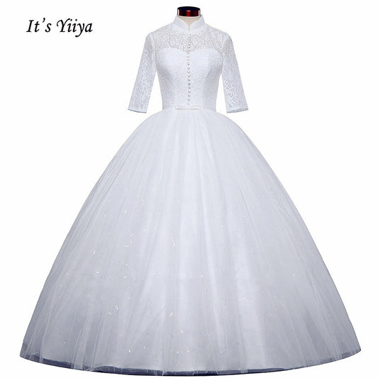 Free shipping White Wedding Ball Gowns High neck Three Quarter Sleeves Princess Vestidos De Novia Lovely Frock Bride Dress IY001